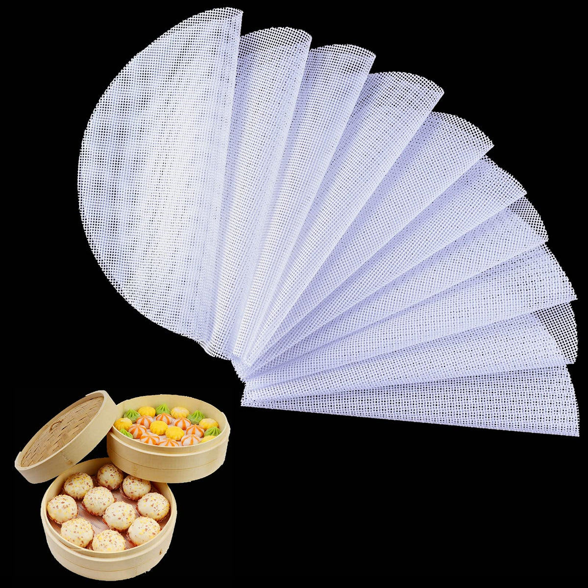 8Pcs Round Silicone Steamer Liners,11inch Non-stick Silicone Steamer Mesh Mat,Reusable Bamboo Steamer Liner Pad Dim Sum Mesh for Home Kitchen Cooking(8, 11 x 11 inch)