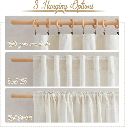 NICETOWN Natural Linen Kitchen Curtains 26 inches Long, Rod Pocket & Back Tab Semi Sheer Flax Window Treatments Rustic & Cute for Cafe/Kids Room, W37 x L26, 2 Panels