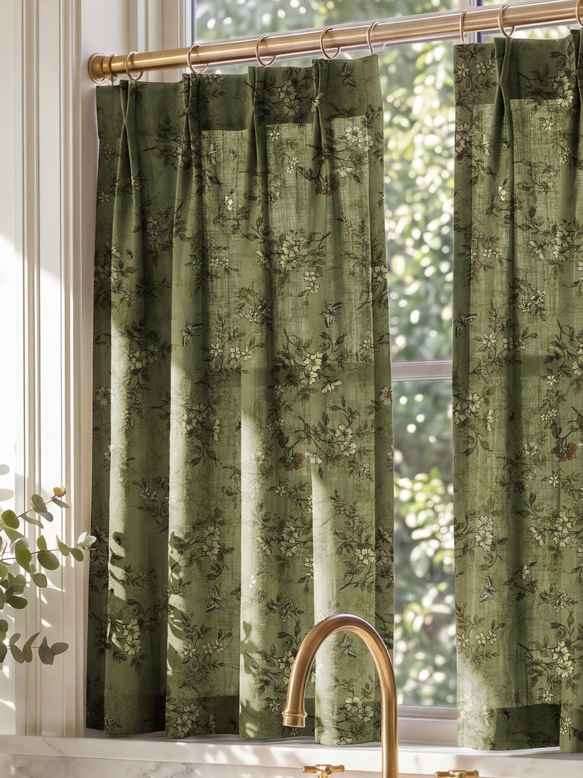 NICETOWN Sage Green Floral Linen Curtains Cafe Curtains, W26 x L36