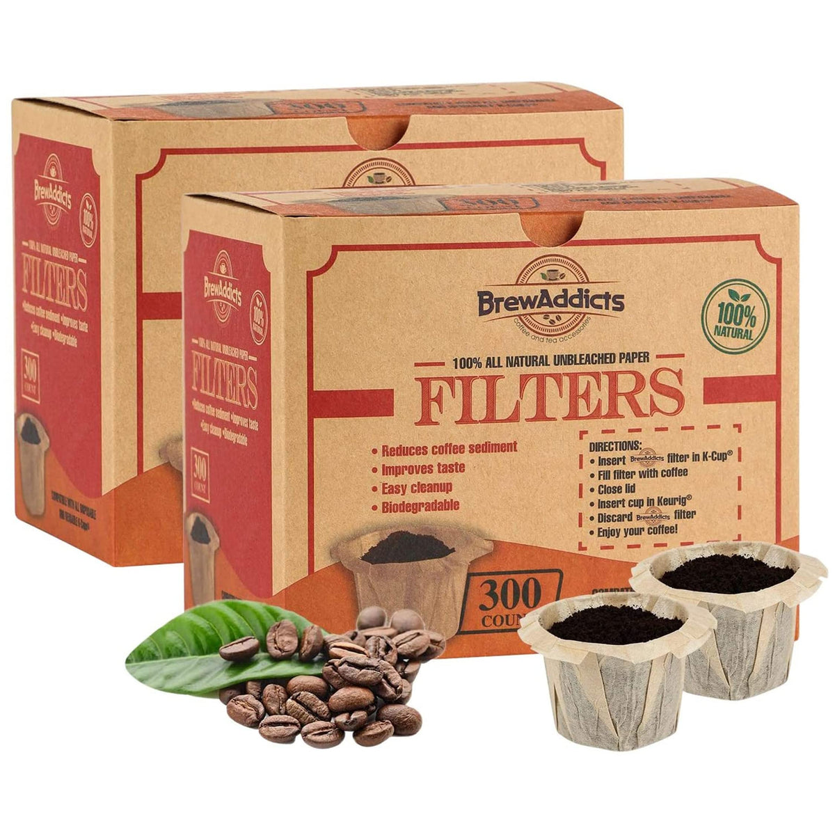 300 Paper Coffee Single-Use Filters, Brown, All-Natural & Unbleached for Keurig Brewers and Compatible with K-Cup Pods 1.0 & 2.0 Models, Disposable filters
