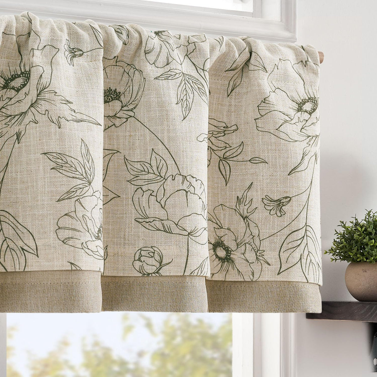 jinchan Amlie Floral Linen Valance Curtain Farmhouse 1 Panel 16 Inch Green