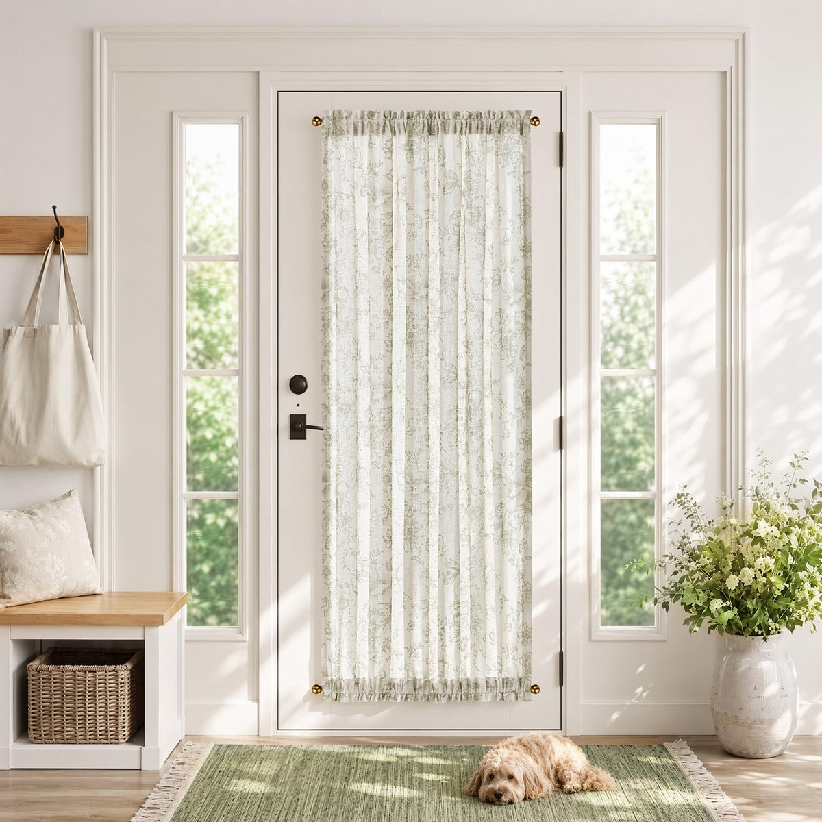 jinchan Blue Linen Floral French Door Curtain 40 Inch Rod Pocket 1 Panel
