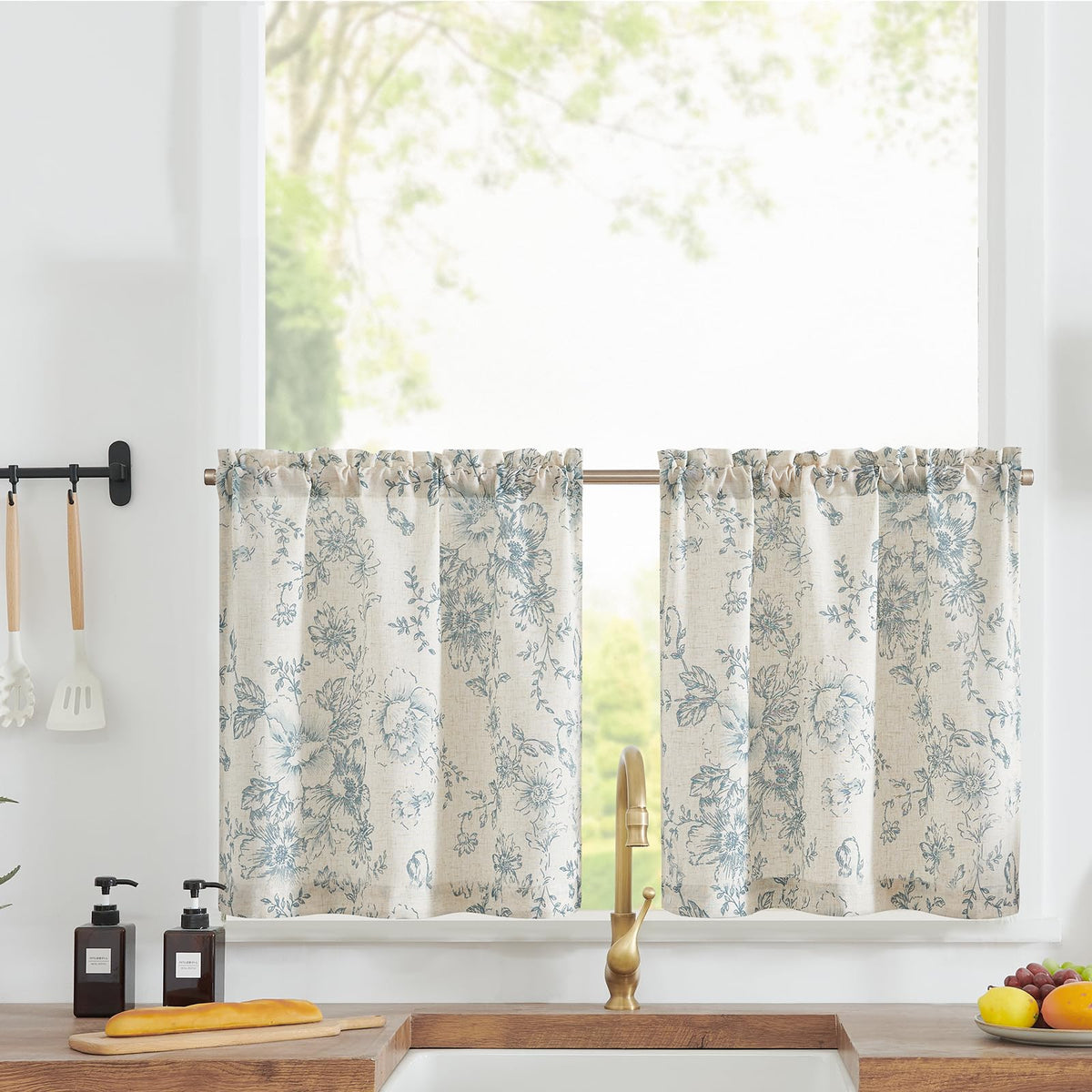 jinchan Hattie Floral Linen Kitchen Tier Curtains Beige 36 in 2 Panels