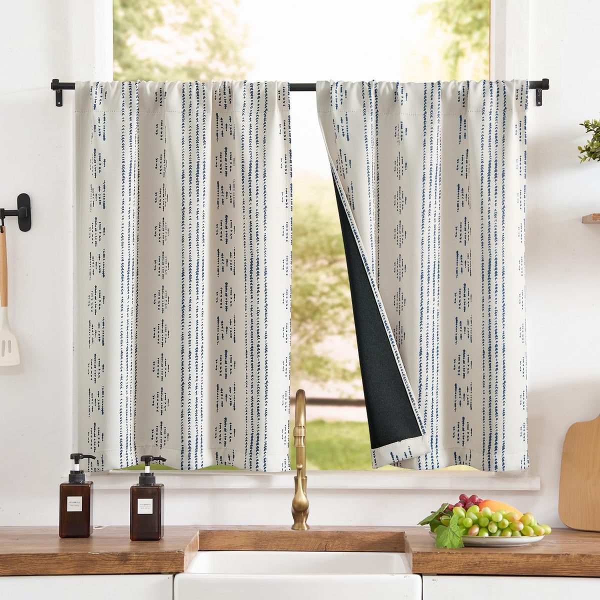 jinchan Blackout Kitchen Tier Curtains 36 Inch Rod Pocket Blue on Beige