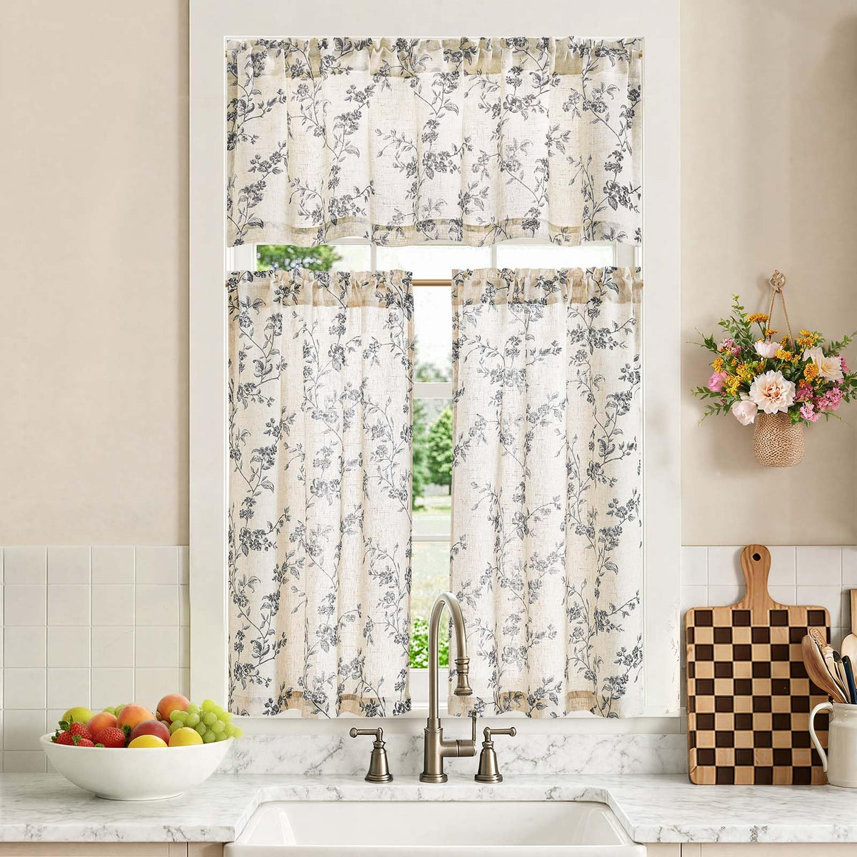 jinchan Green Linen Floral Kitchen Tier Curtains and Valance Set 3 Pieces