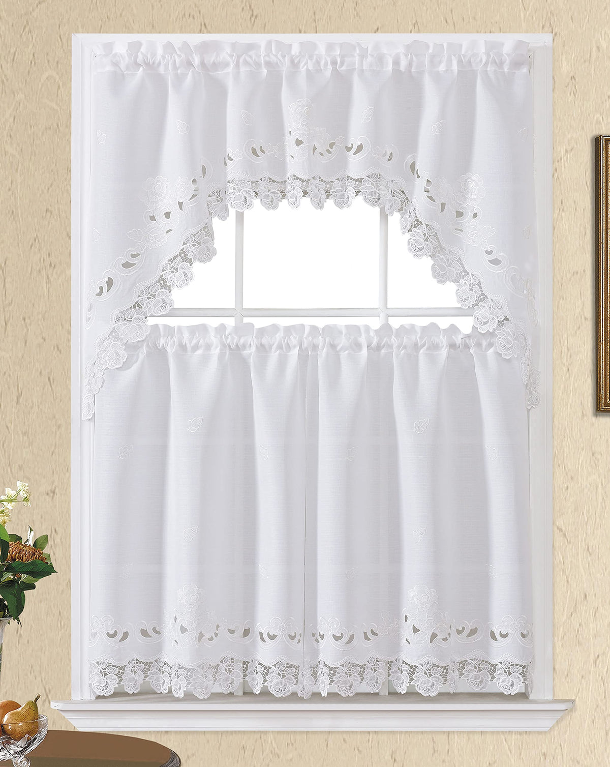 GOHD Lace Rosarium Kitchen Curtains, 3PCS Kitchen Curtains and Valances Set, Elegant White Fabric with Rose Embroidery and Lace. (Grey, Swag and 22 inches Tiers Set)