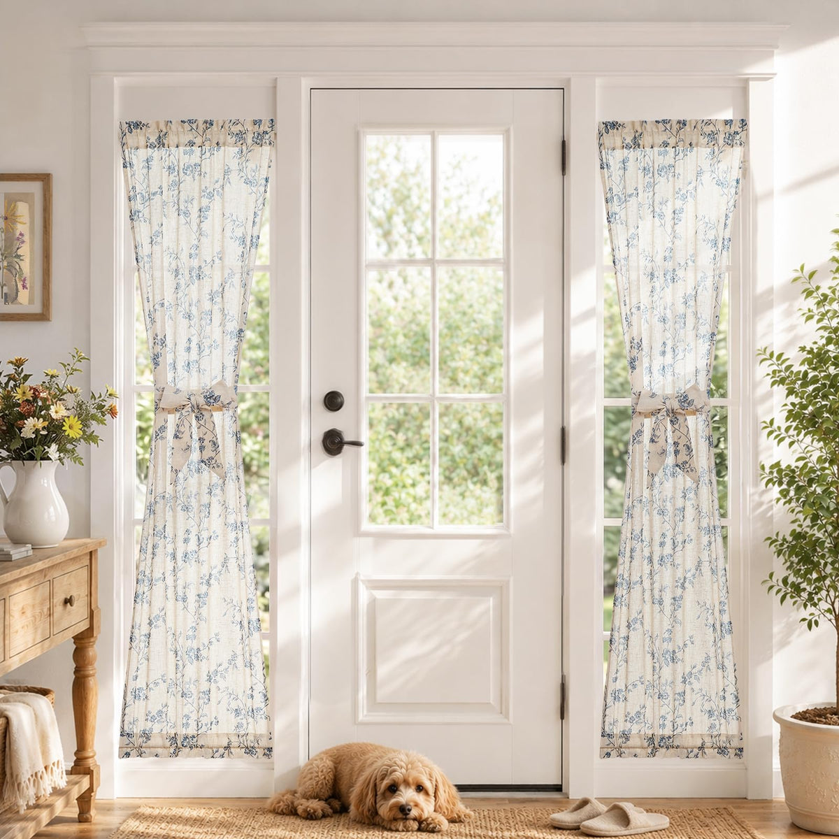 jinchan Blue Linen Floral French Door Curtain 40 Inch Rod Pocket 1 Panel