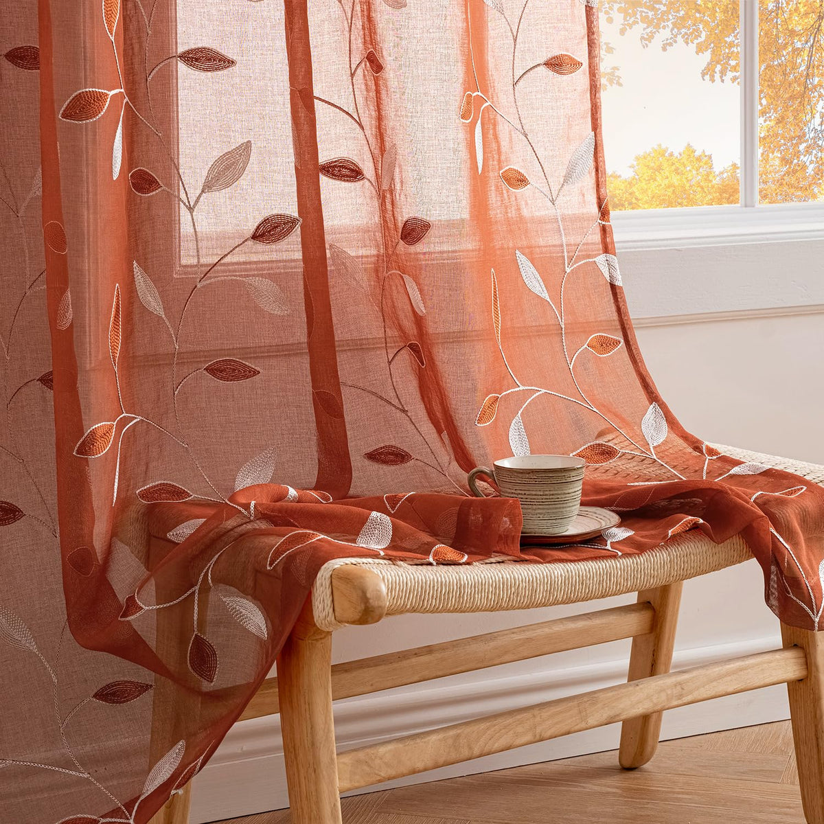 MIULEE Beige Sheer Curtains 2 Panels Embroidered Leaf Patterned, W52 x L63