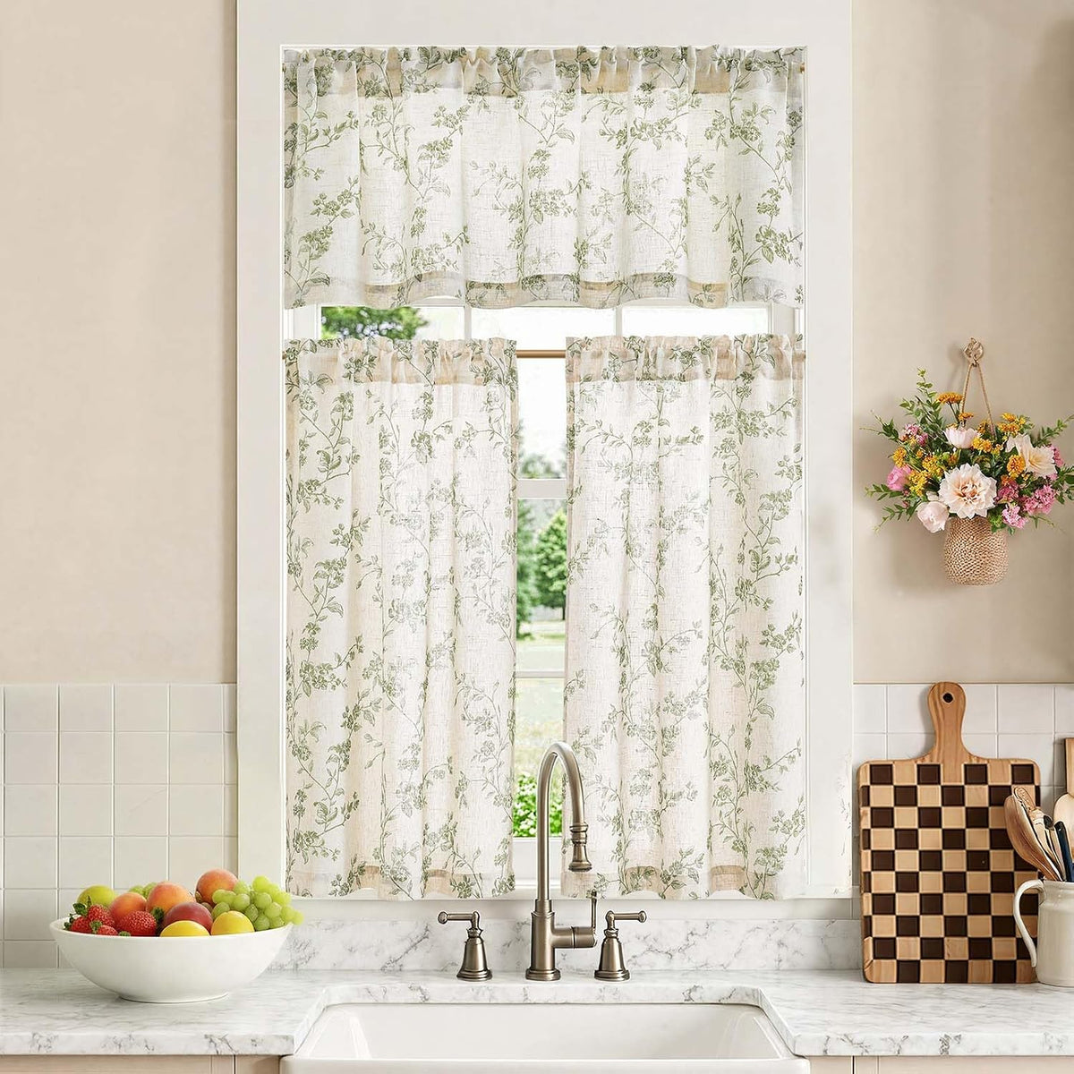 jinchan Green Linen Floral Kitchen Tier Curtains and Valance Set 3 Pieces