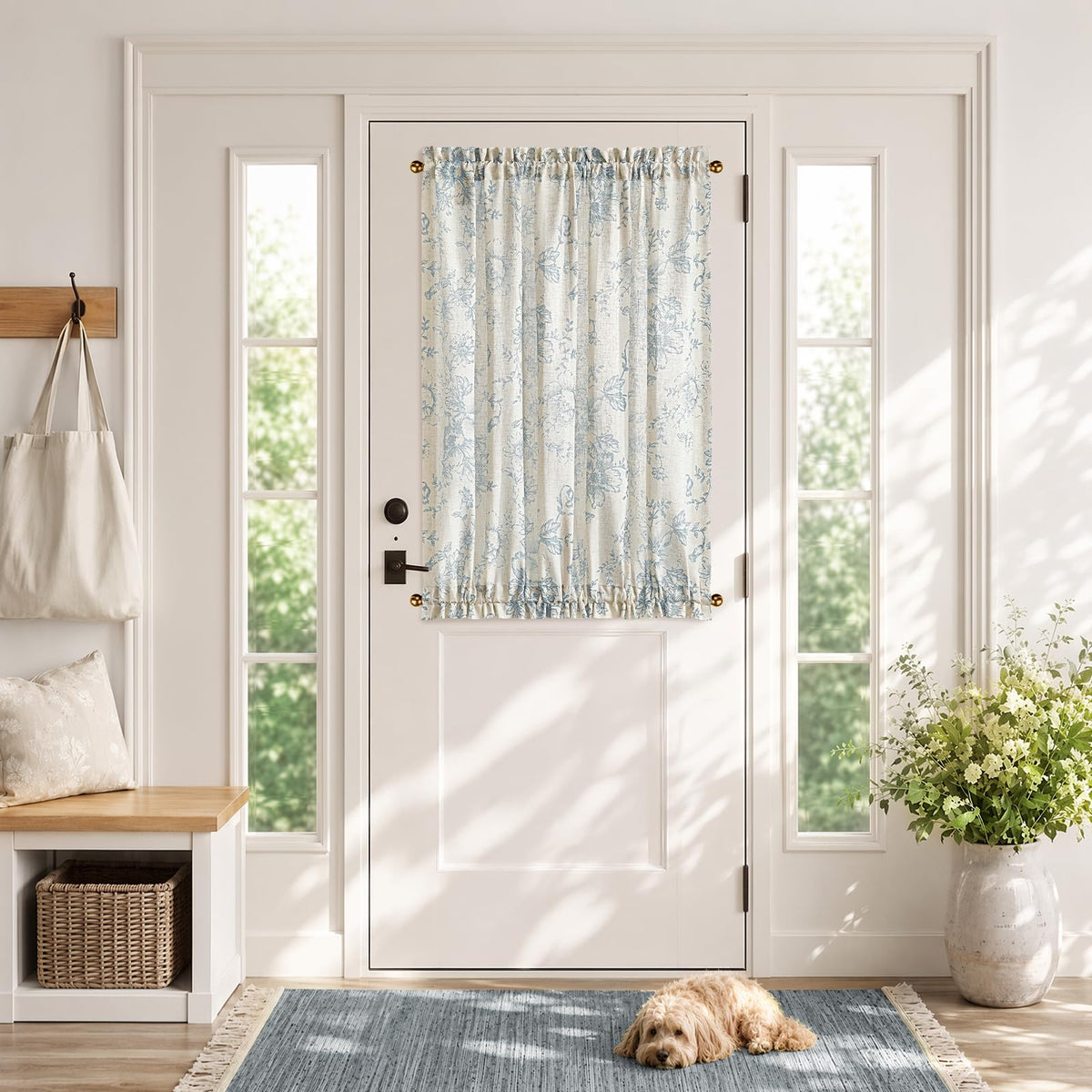 jinchan Blue Linen Floral French Door Curtain 40 Inch Rod Pocket 1 Panel