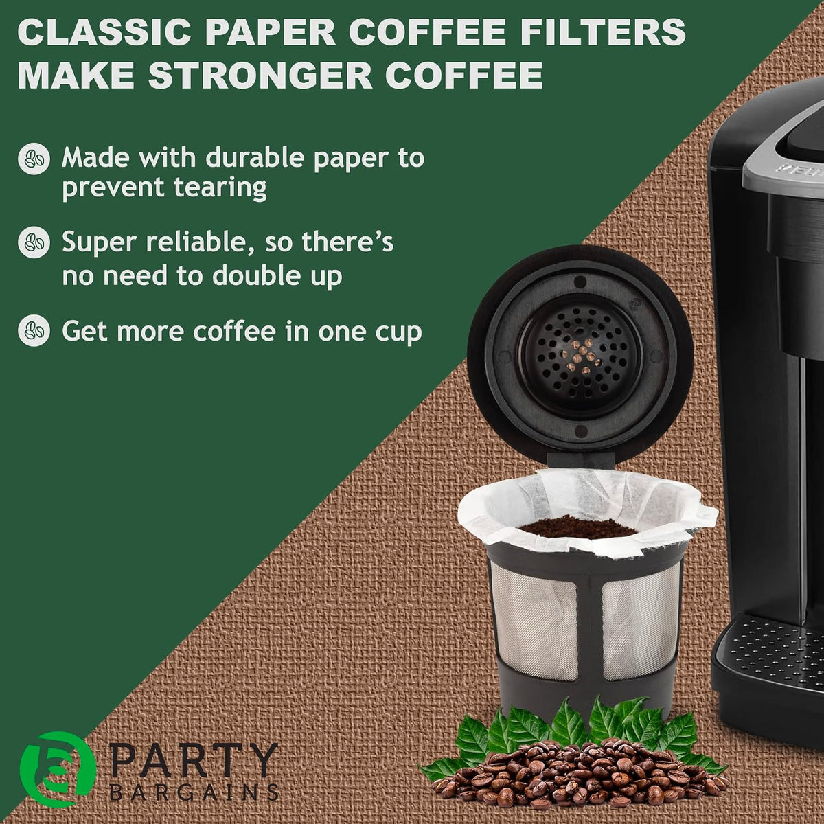 PARTY BARGAINS 300 Classic Disposable Coffee Filter Liners – Compatible with Keurig Brewers & K‑Cup Reusable Pods, Single‑Use Classic Design