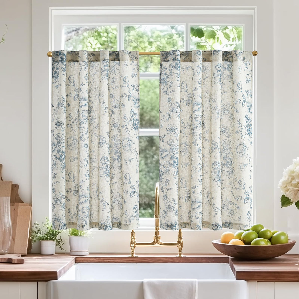jinchan Hattie Floral Linen Kitchen Tier Curtains Beige 36 in 2 Panels