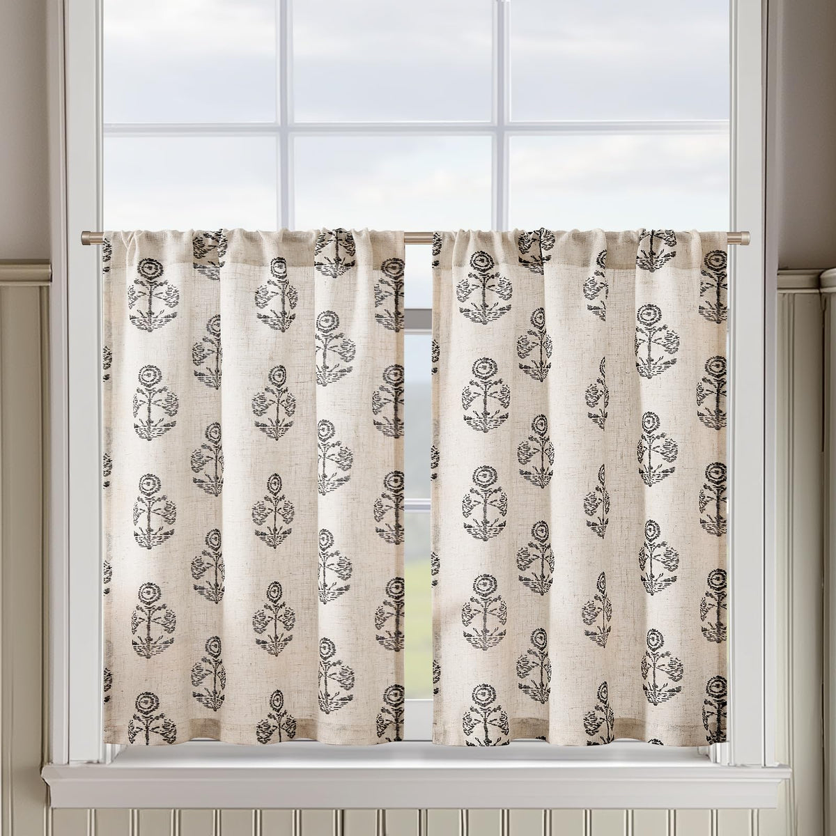 jinchan Hattie Floral Linen Kitchen Tier Curtains Beige 36 in 2 Panels