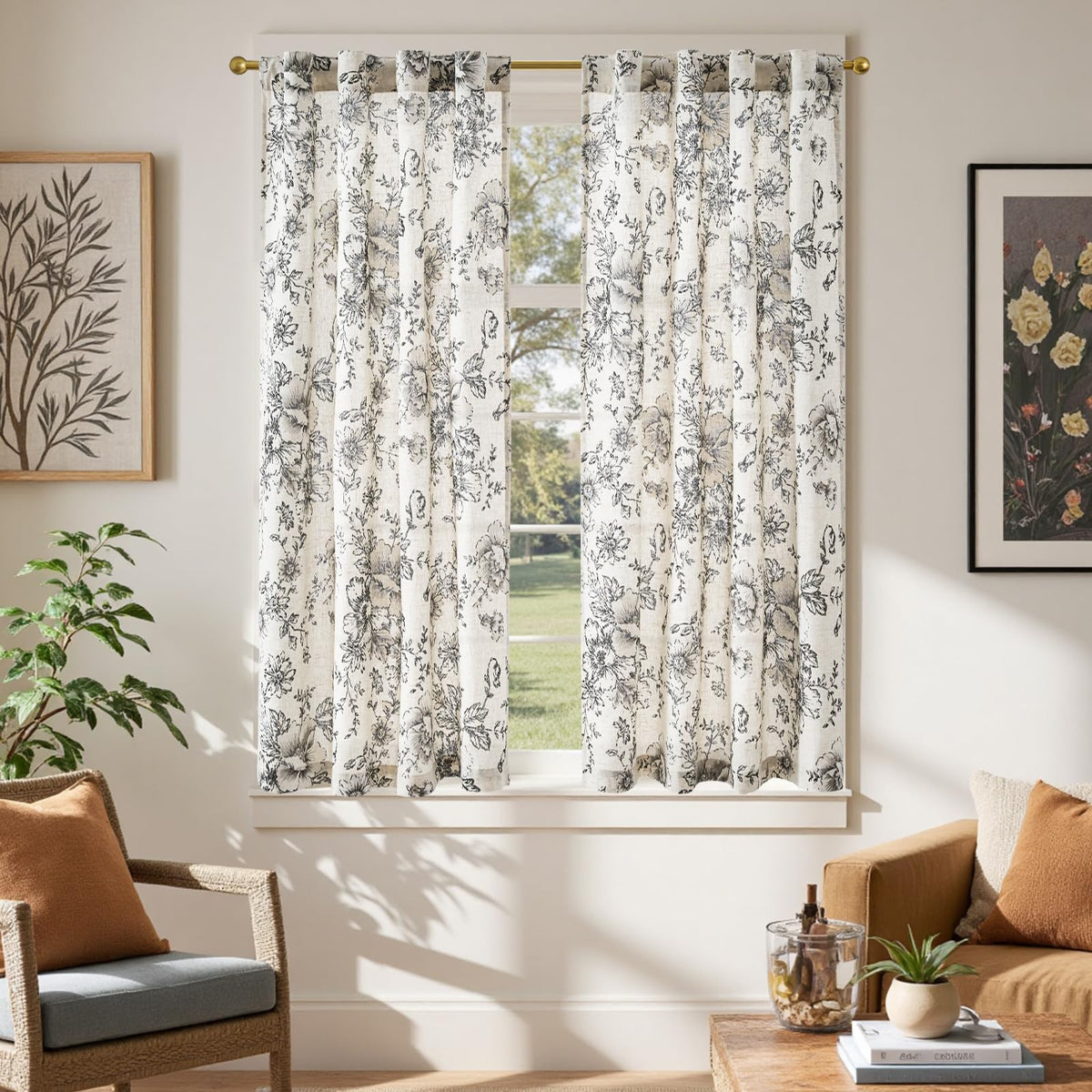 jinchan Hattie Floral Linen Kitchen Tier Curtains Beige 36 in 2 Panels