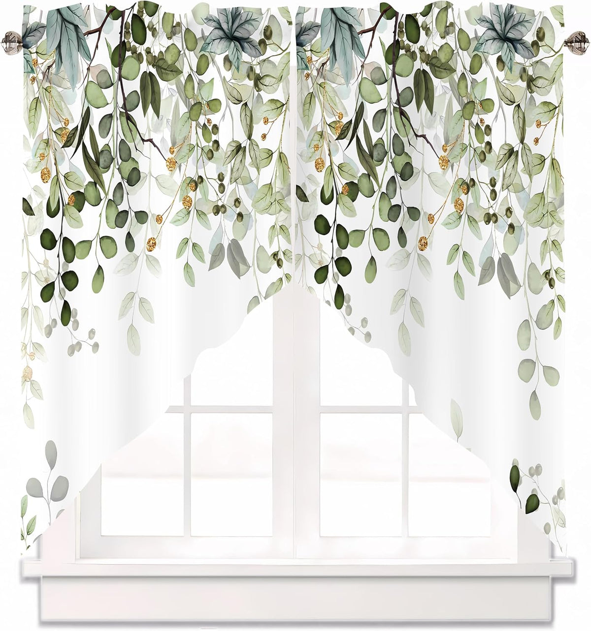 Sage Green Eucalyptus Leaves Swag Curtains 1 Pair, 28x36 in