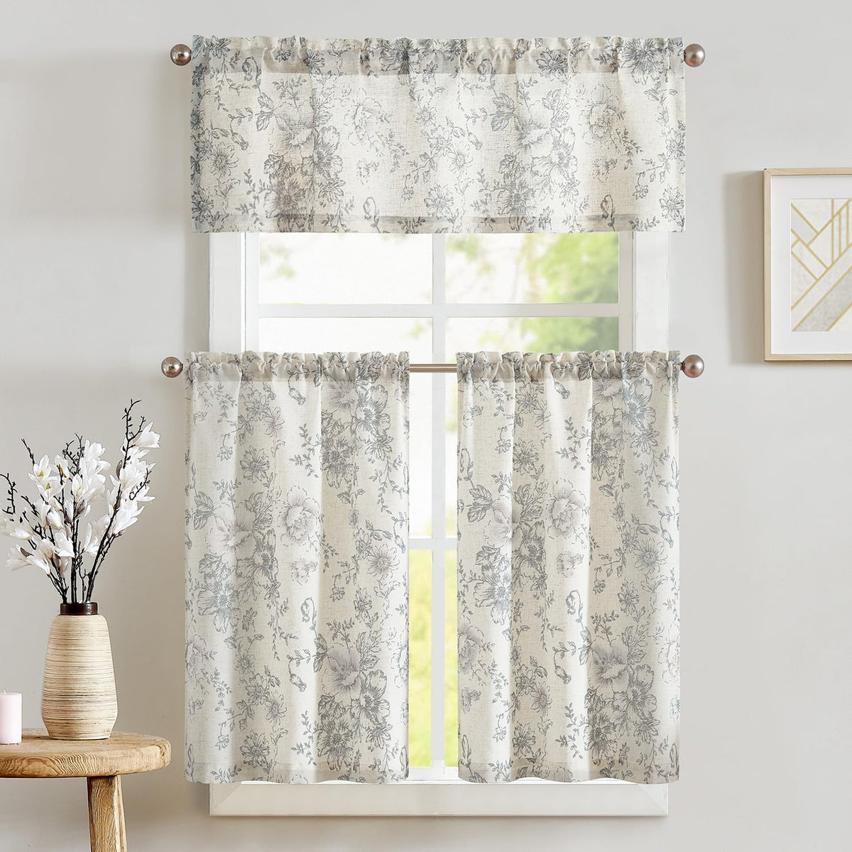 jinchan Green Linen Floral Kitchen Tier Curtains and Valance Set 3 Pieces