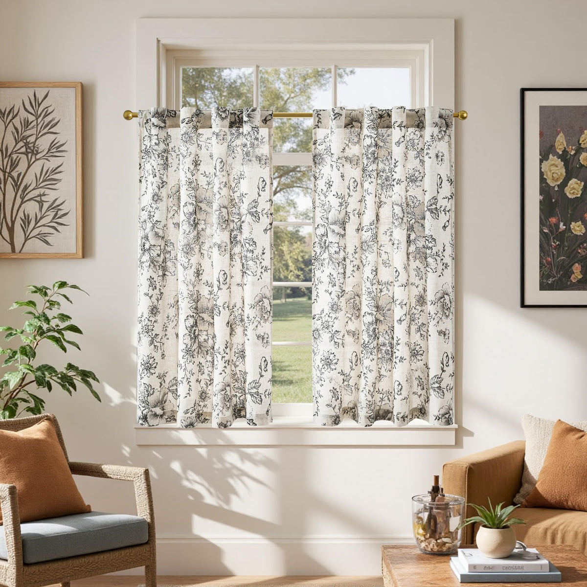 jinchan Hattie Floral Linen Kitchen Tier Curtains Beige 36 in 2 Panels