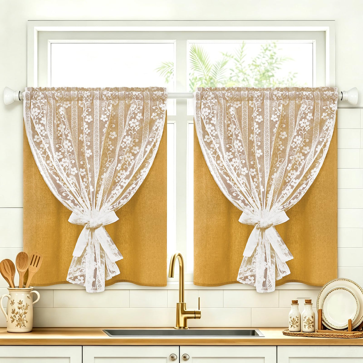 ASPMIZ Linen Kitchen Curtains 36 Inch Length, Double Layered Window Curtain 2 Panel Sets Rod Pocket Short Curtains for Kitchen, Farmhouse Window Treatment Tiers for Bathroom, Cafe, Beige