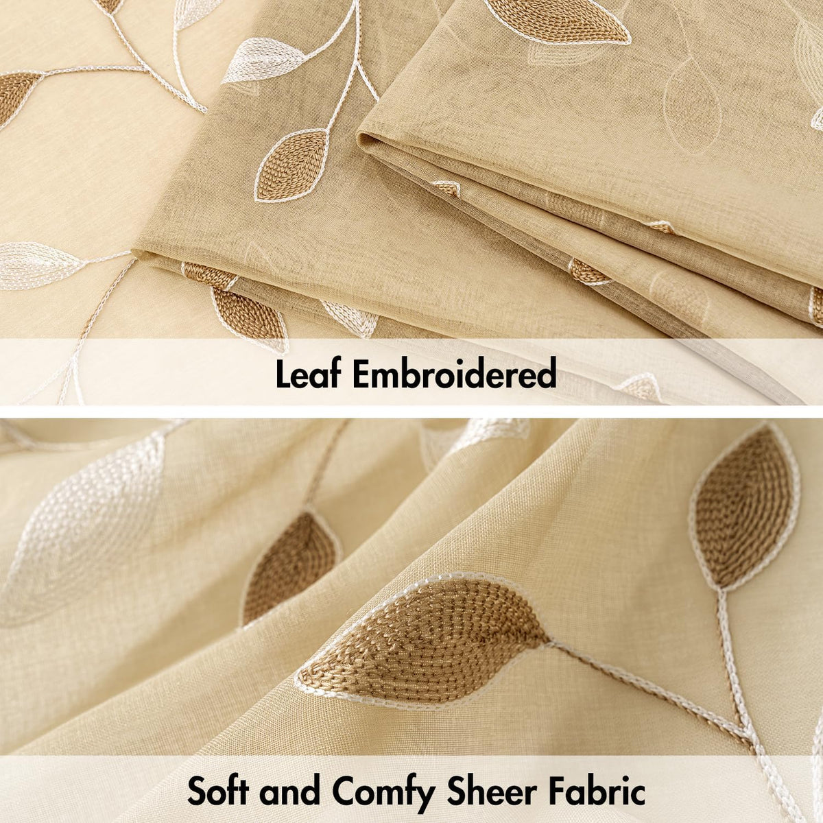 MIULEE Beige Sheer Curtains 2 Panels Embroidered Leaf Patterned, W52 x L63