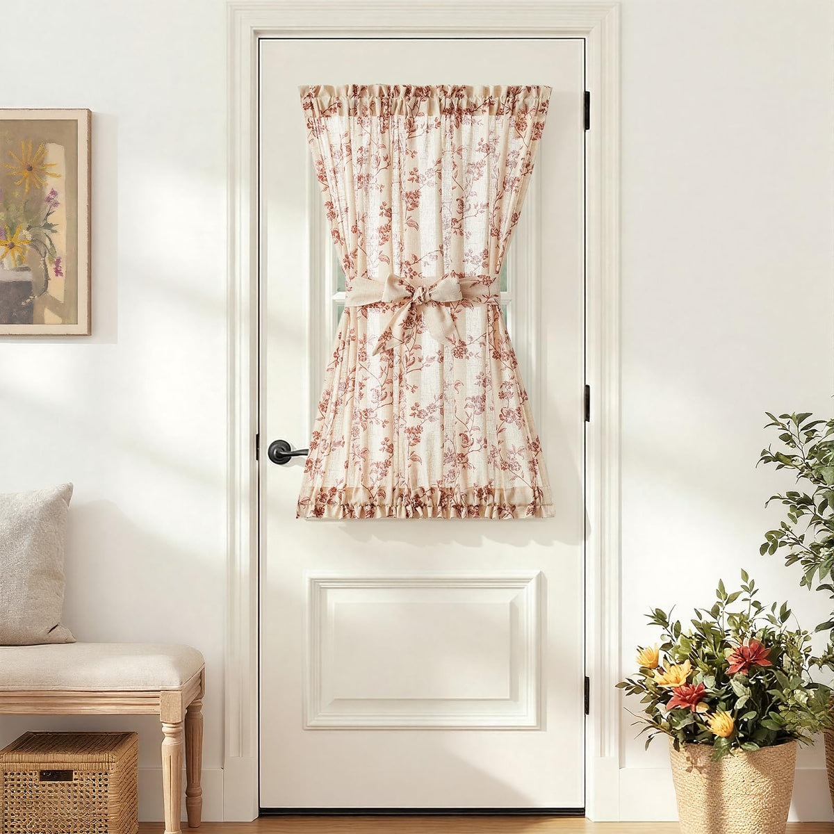 jinchan Blue Linen Floral French Door Curtain 40 Inch Rod Pocket 1 Panel