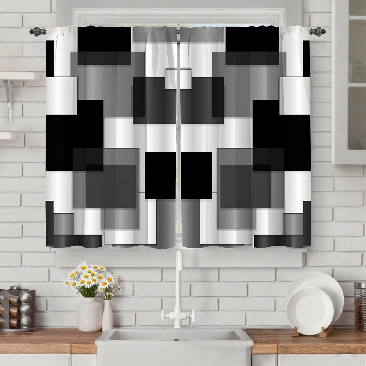 Worltoldb Black Grey Kitchen Curtains Cafe Curtains for Bathroom Dining Room Living Room Pocket Window Drapes 2 Panels Set 28"x36"