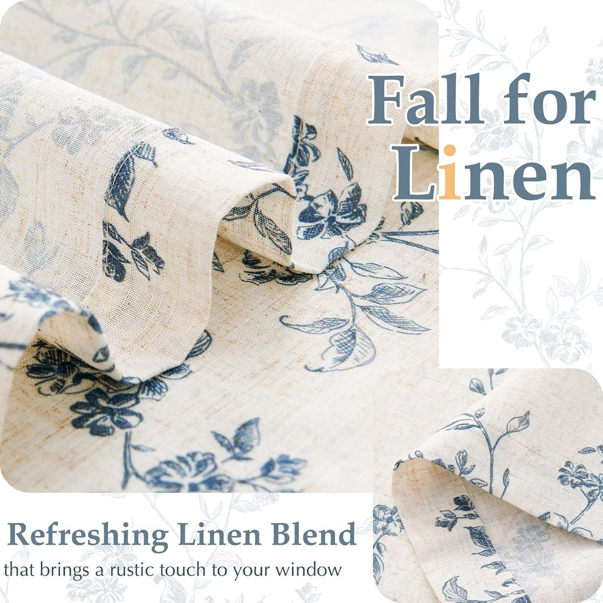 jinchan Blue Linen Floral French Door Curtain 40 Inch Rod Pocket 1 Panel