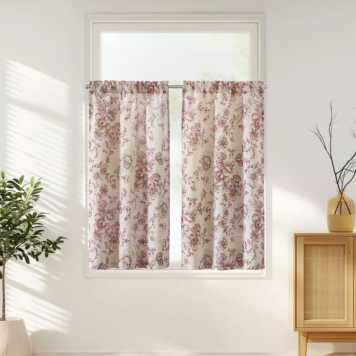 jinchan Hattie Floral Linen Kitchen Tier Curtains Beige 36 in 2 Panels