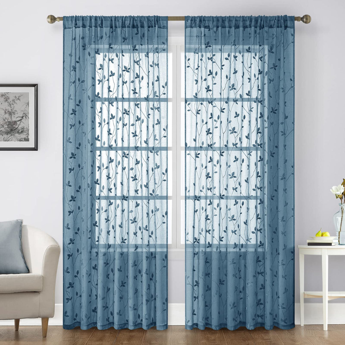 HOMEIDEAS Sage Green Kitchen Tier Curtains Leaf Embroidered, 30x36, 2 Panel