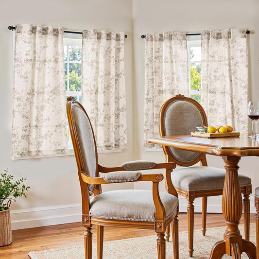 jinchan Floral Linen Kitchen Tier Curtains, 45 Inch, 2 Panels, Taupe