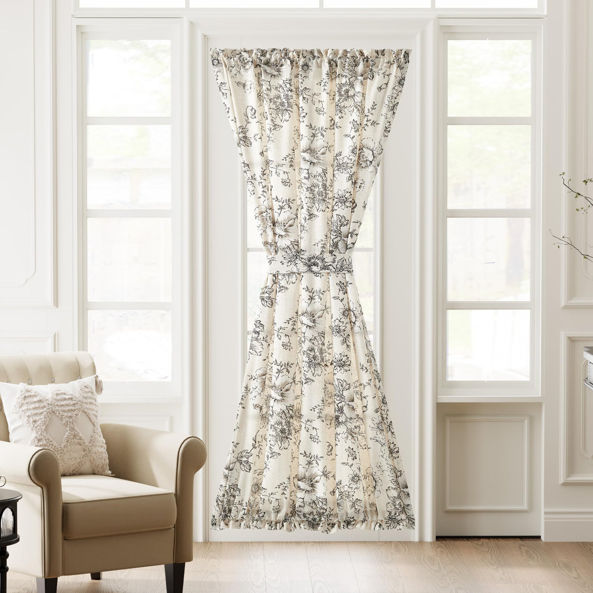 jinchan Blue Linen Floral French Door Curtain 40 Inch Rod Pocket 1 Panel