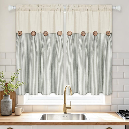 BLEUM CADE Farmhouse Kitchen Curtains 36 Inch, Cotton Linen Cafe Curtains with Rustic Buttons, Boho Small Window Curtains for Bathroom, Green Stripe Half Window Drapes Over Sink, 2 Panels