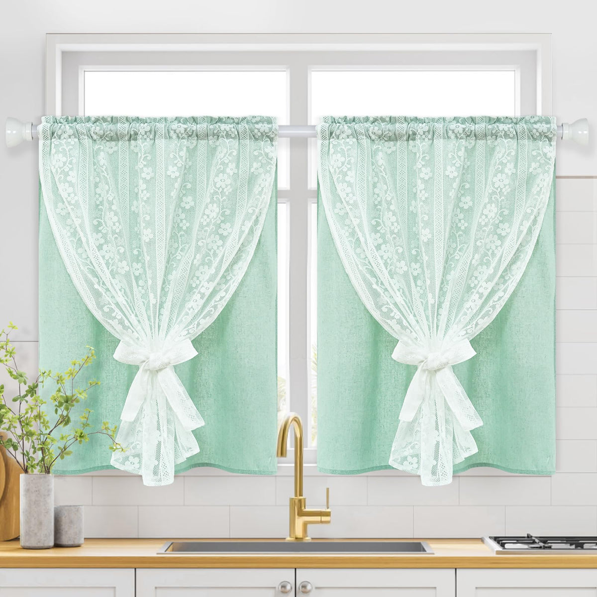 ASPMIZ Linen Kitchen Curtains 36 Inch Length, Double Layered Window Curtain 2 Panel Sets Rod Pocket Short Curtains for Kitchen, Farmhouse Window Treatment Tiers for Bathroom, Cafe, Beige