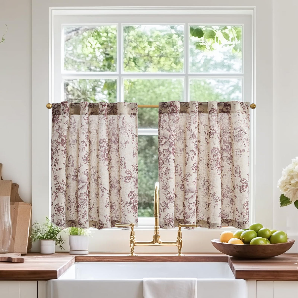 jinchan Hattie Floral Linen Kitchen Tier Curtains Beige 36 in 2 Panels