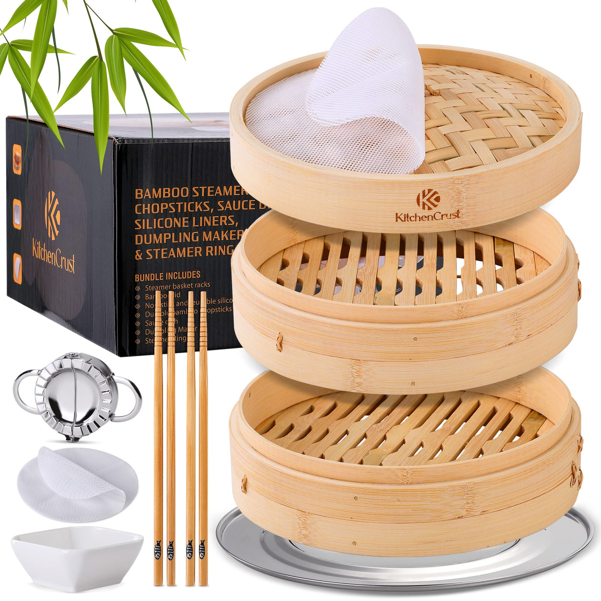 KitchenCrust Bamboo Steamer Basket 10 Inch, 2 Tier Dumpling Steamer Set