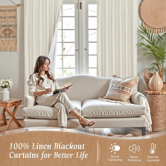 LAMIT Full Blackout Linen Kitchen Window Curtains 36 Inches Long, Ivory