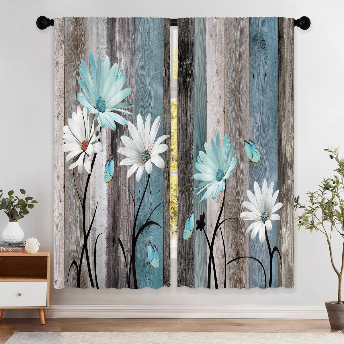 Teal Farmhouse Daisy Kitchen Curtains Wooden Flower Small Short Cafe Window Curtains Rustic Floral Butterfly Country Bathroom Drapes Treatment Tier Curtains 2 Panels (27.5x39 Inch)
