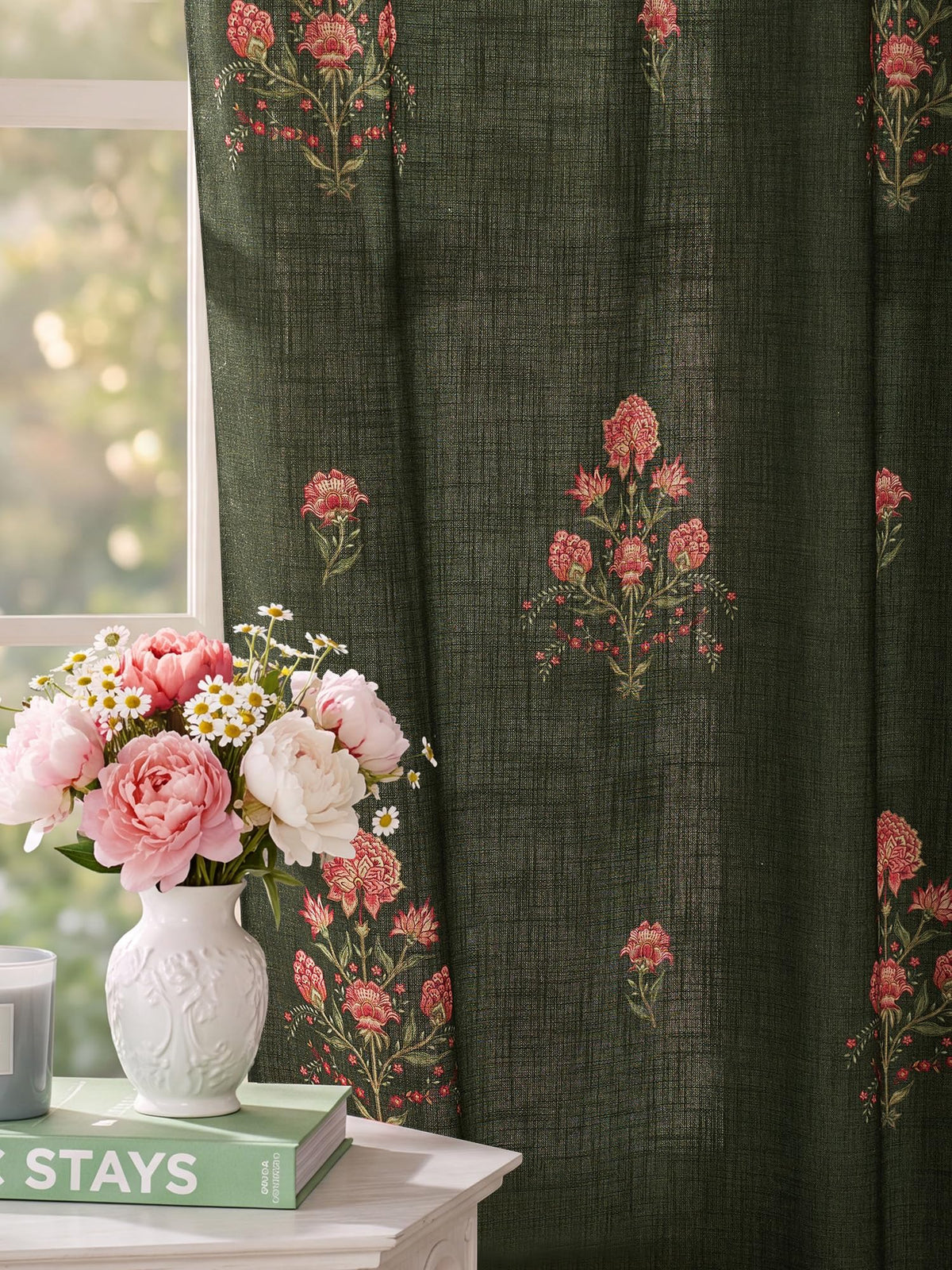 NICETOWN Sage Green Floral Linen Curtains Cafe Curtains, W26 x L36