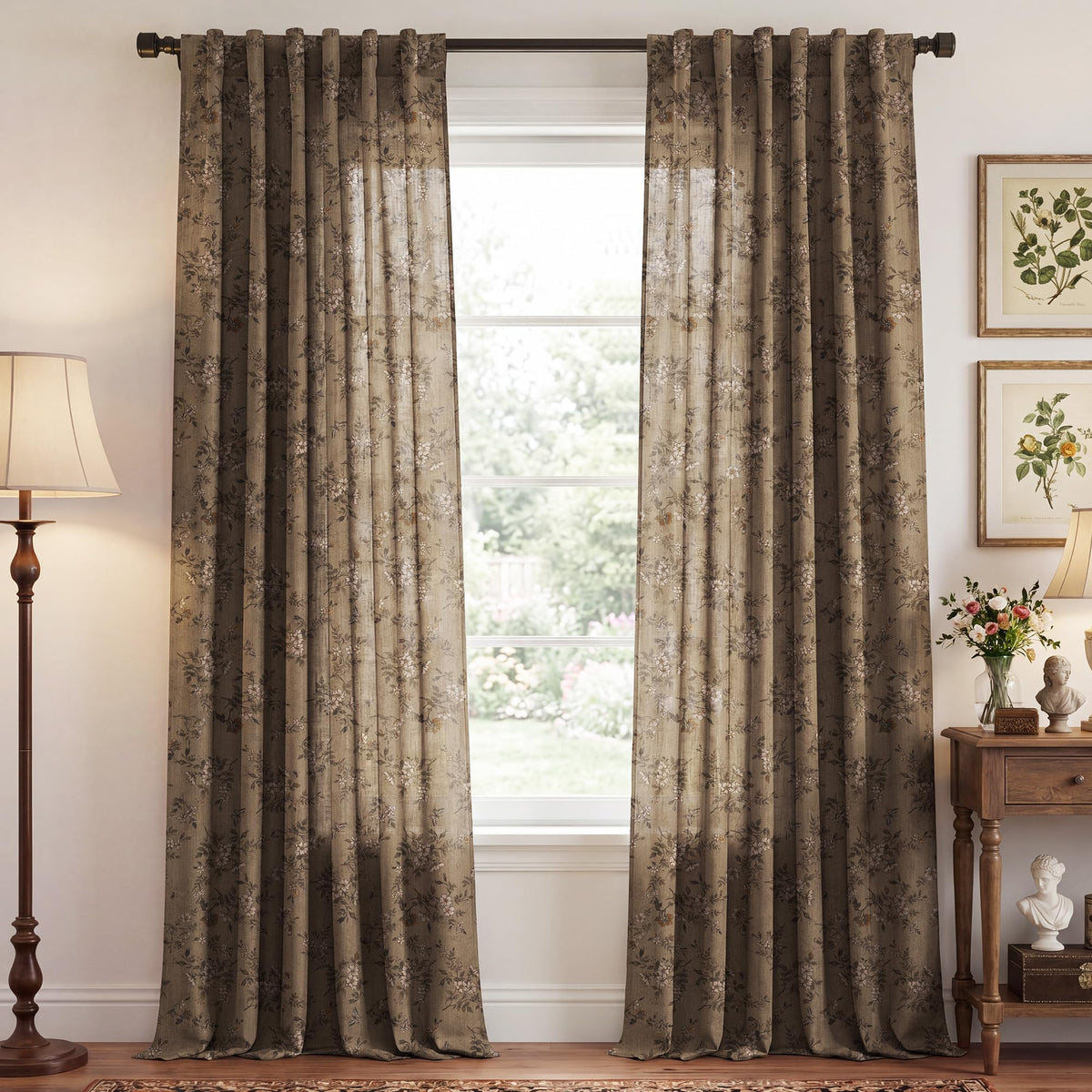 NICETOWN Sage Green Floral Linen Curtains Cafe Curtains, W26 x L36