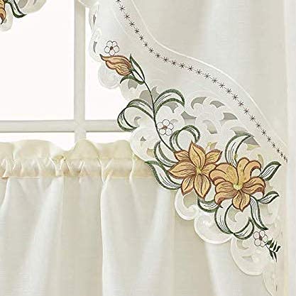 GOHD Lily Fragrance 3pcs Colorful Embroidery Kitchen Cafe Curtain Set.Beige