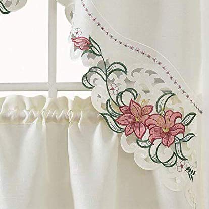 GOHD Lily Fragrance 3pcs Colorful Embroidery Kitchen Cafe Curtain Set.Beige