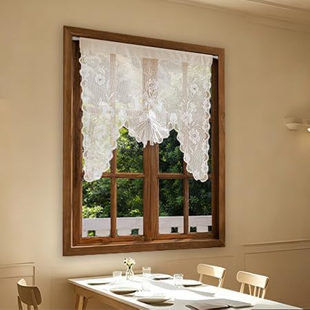 Jayla Beige Semi-Sheer Floral Lace Curtain Swag for Kitchen Half Window Bathroom Decoration Rod Pocket,39 x 39 Inch, 1 Panel