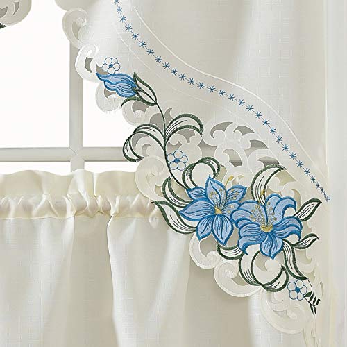 GOHD Lily Fragrance 3pcs Colorful Embroidery Kitchen Cafe Curtain Set.Beige