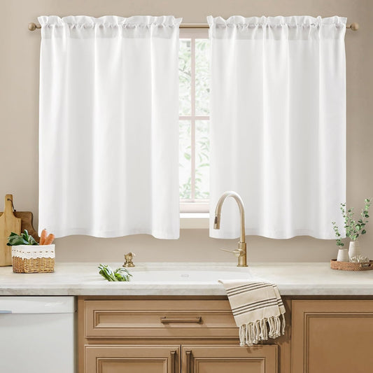 HOMEIDEAS Non-See-Through White Sheer Kitchen Curtains, 30 X 36 Inches Long