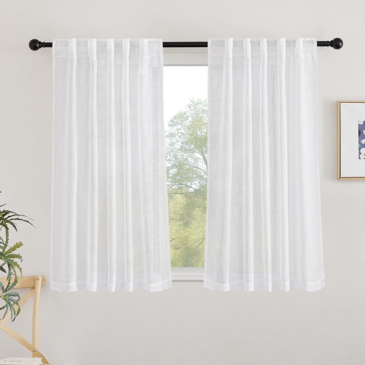 NICETOWN Natural Linen Kitchen Curtains 26 inches Long, Rod Pocket & Back Tab Semi Sheer Flax Window Treatments Rustic & Cute for Cafe/Kids Room, W37 x L26, 2 Panels
