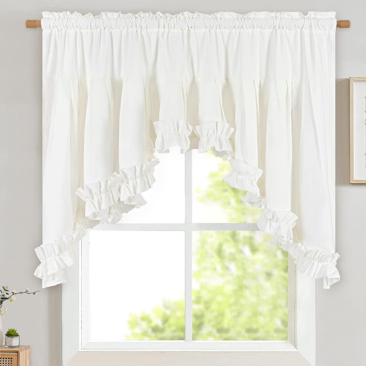 Likiyol Linen Valances for Windows Farmhouse Ruffle Swag Valance Rustic Country Window Valances Light Filtering Kitchen Curtains Rod Pocket Valance Curtains for Bathroom Cafe, Green, 60" W x 36" L