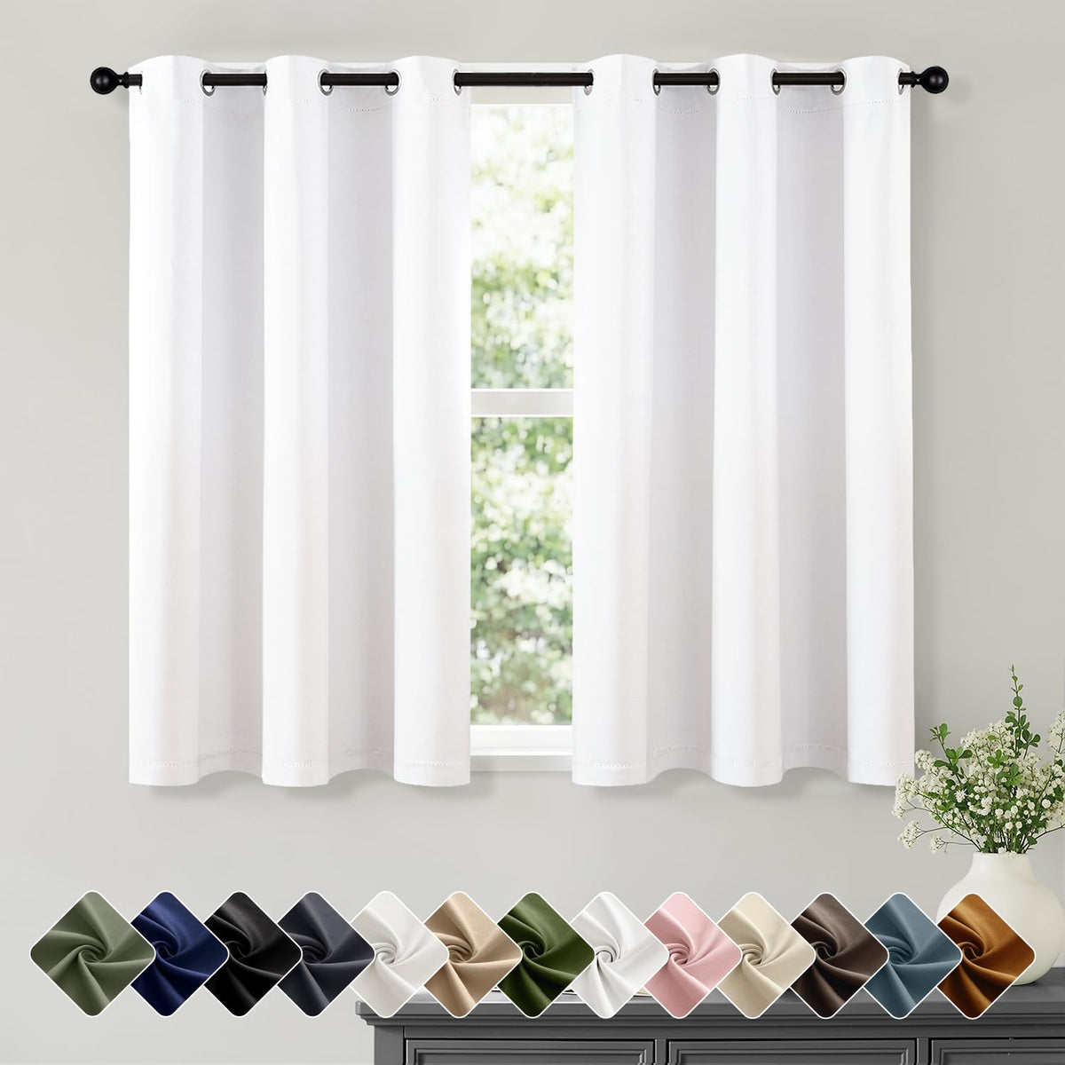 Short Navy Blue Blackout Kitchen Curtain W40 x L45 Inch 2 Panels