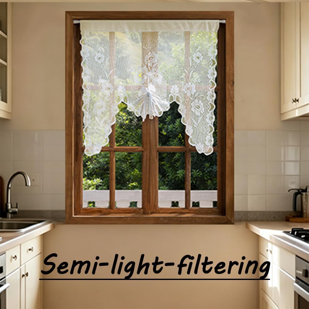 Jayla Beige Semi-Sheer Floral Lace Curtain Swag for Kitchen Half Window Bathroom Decoration Rod Pocket,39 x 39 Inch, 1 Panel