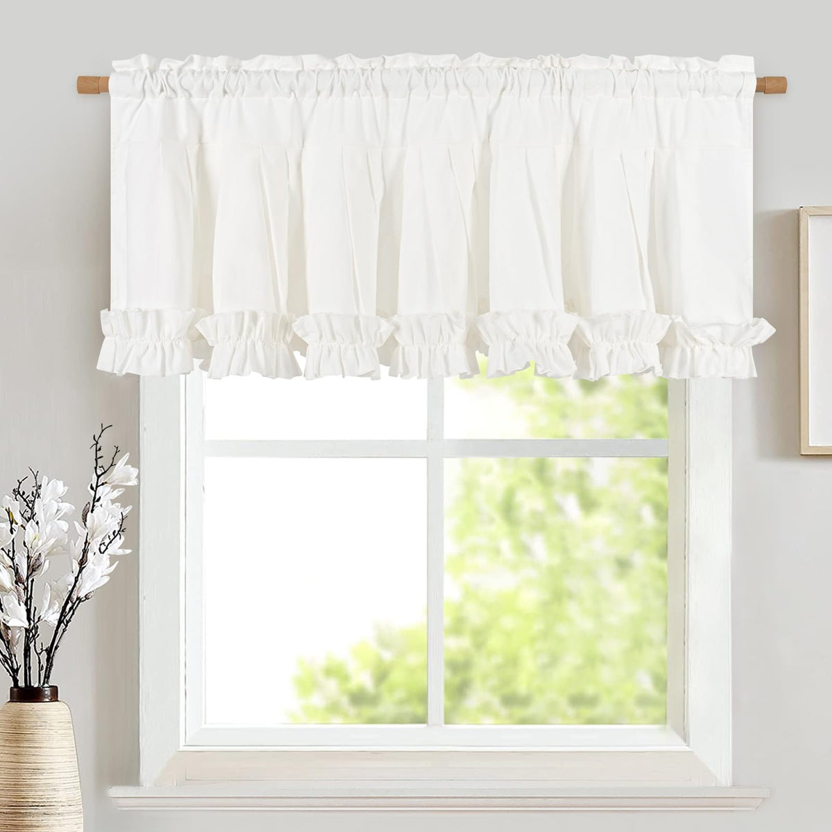 Likiyol Linen Valances for Windows Farmhouse Ruffle Swag Valance Rustic Country Window Valances Light Filtering Kitchen Curtains Rod Pocket Valance Curtains for Bathroom Cafe, Green, 60" W x 36" L