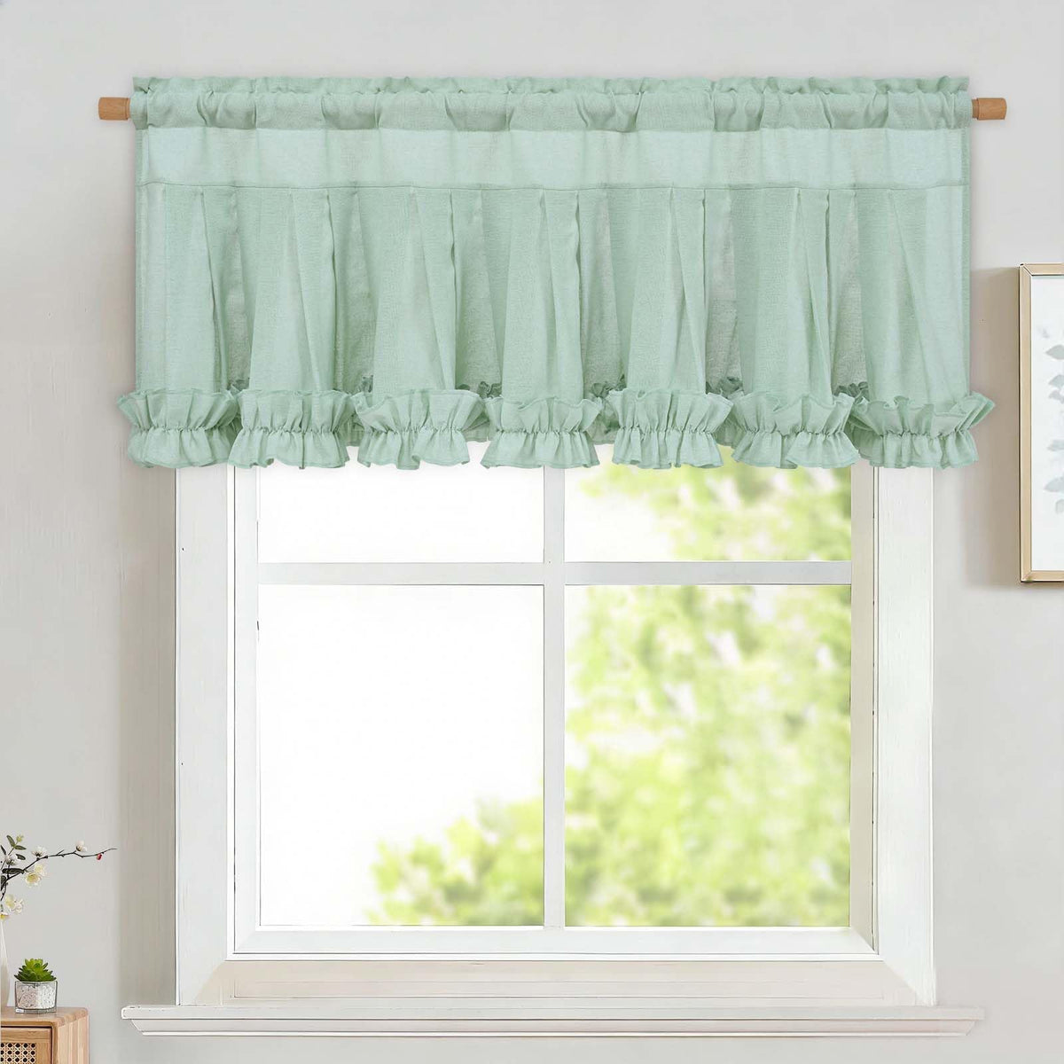 Likiyol Linen Valances for Windows Farmhouse Ruffle Swag Valance Rustic Country Window Valances Light Filtering Kitchen Curtains Rod Pocket Valance Curtains for Bathroom Cafe, Green, 60" W x 36" L