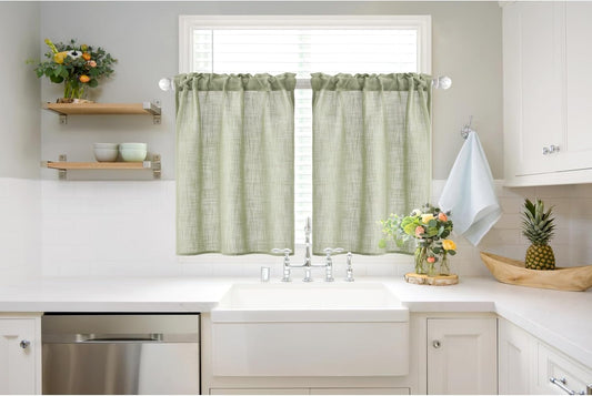 MIULEE Spring Linen Textured Kitchen Window Curtains over Sink 24 Inch Length Semi Sheer Farmhouse Small Curtains for Cafe Bathroom Basement, Short Rod Pocket Tier Curtains 2 Panels W26XL24 Sage Green